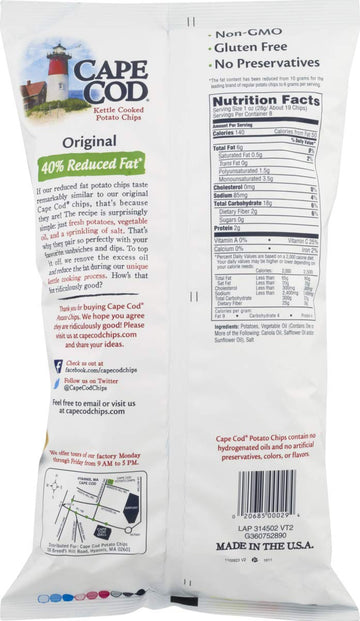 Cape Cod Kettle Cooked Potato Chips- Satisfying, All Natural And Kettle Cooked 8 Oz. Bags (40% Reduced Fat, 3 Bags)
