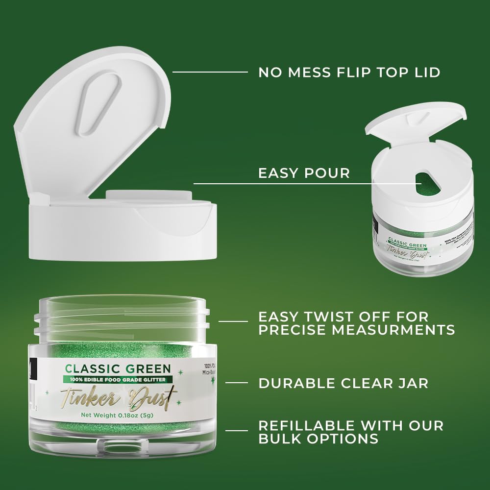 Bakell - Classic Green Tinker Dust (5G, 1X Jar) Edible Glitter For Food, Desserts, And Beverages!