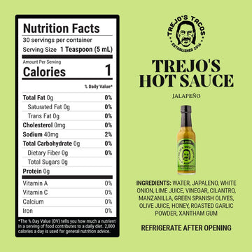 Trejos Tacos Jalapeño Hot Sauce | Zesty Flavor with Green Olives & Lime | 5 Fl Oz | Red | Non-GMO & Vegetarian