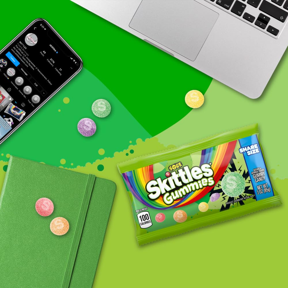 SKITTLES GUMMIES Sour Gummy Candy, Share Size Tart Sour Candy Mix, 3 Oz Per Bag, 15 Pack