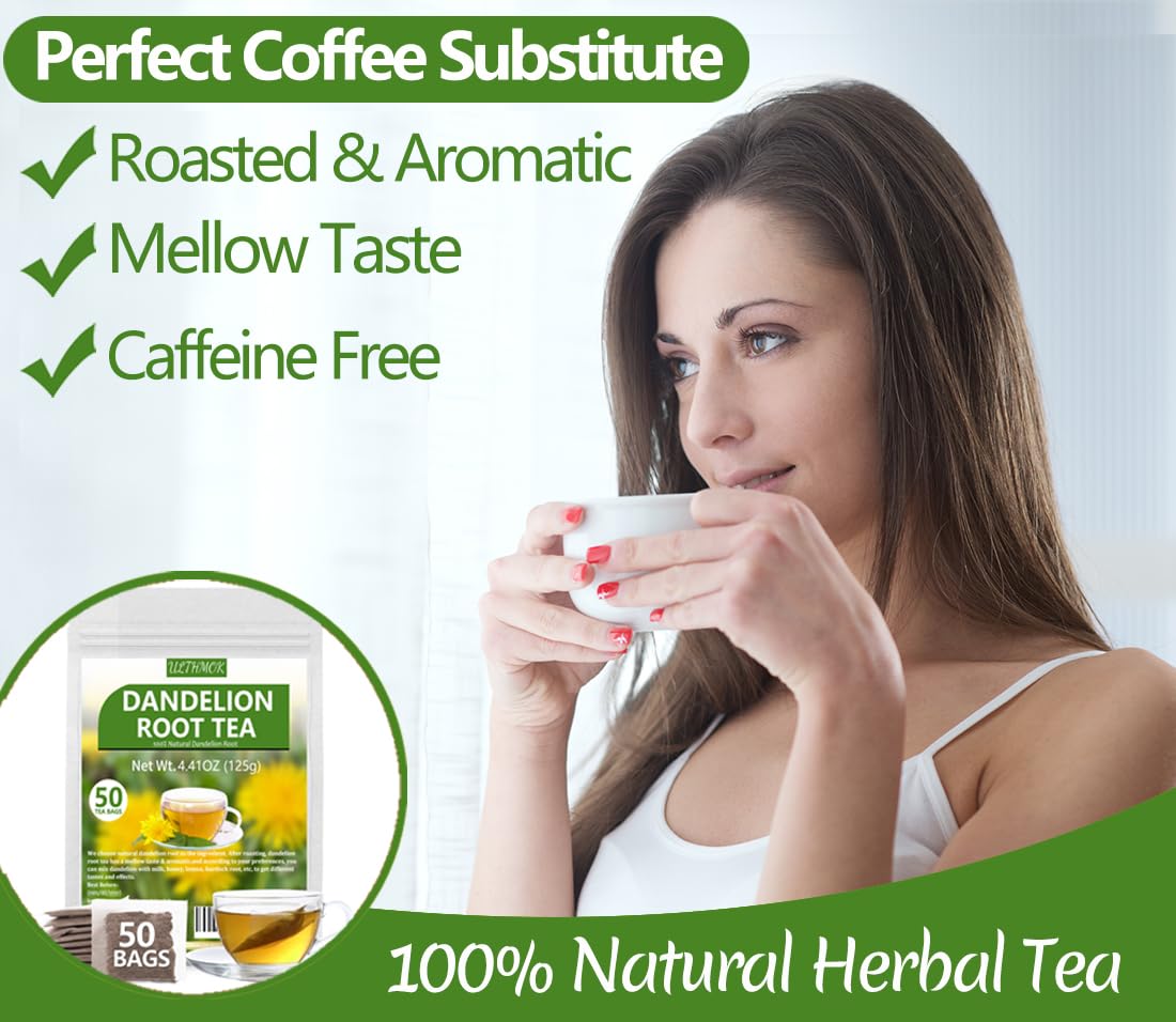 ULTHMOK Premium Dandelion Root Tea, 50 Tea Bags, Caffeine Free, Herbal Detox, Supports Digestion, 4.4Oz/125g