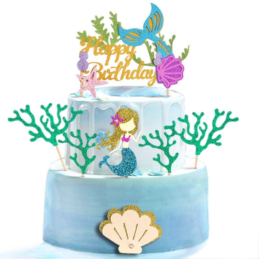 Alissar Glitter Mermaid Theme Birthday Cake Topper With Seaherbal Product And Mermaid Cake Cupcake Toppers For Girls Mermaid Themed Birthday Cake Party Decorations. (White)