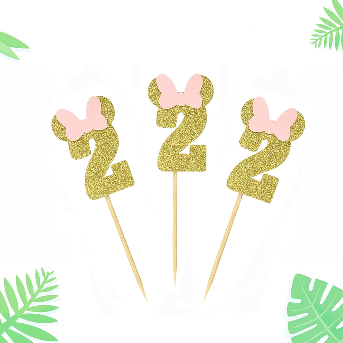 Morndew 24 Pcs Gold Pink Glitter Number 2 Cupcake Toppers For Baby Girl Second Birthday Party Wedding Party Decorations
