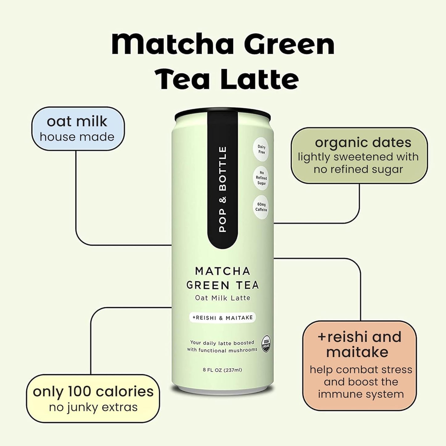 Pop & Bottle Oat Milk Lattes - Classic & Matcha, Vegan, Dairy & Gluten Free, 8 Fl Oz (Pack of 12)