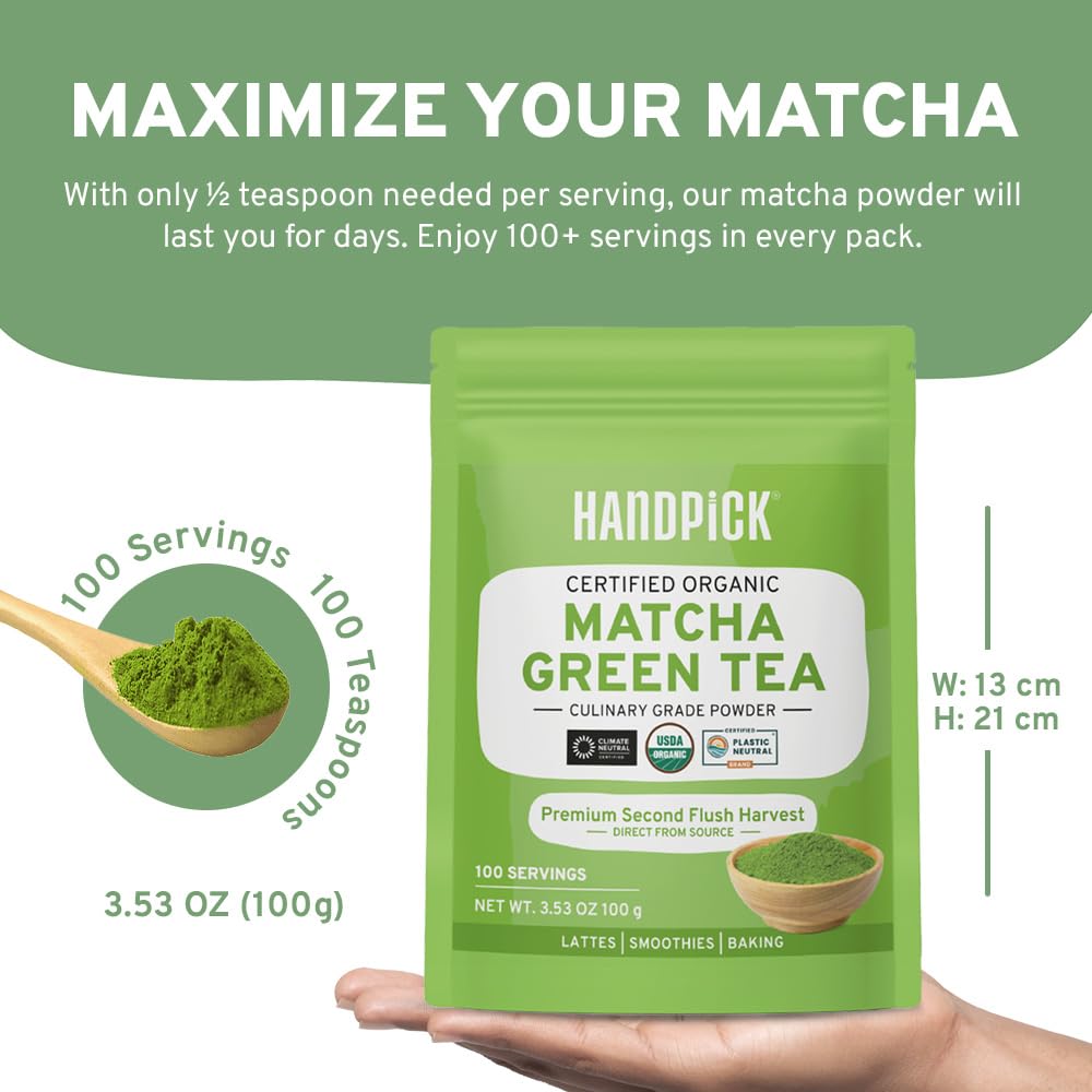Handpick Japanese Organic Matcha Green Tea Powder (100 Servings) - Authentic Premium Second Flush Harvest | Resealable Ziplock P
