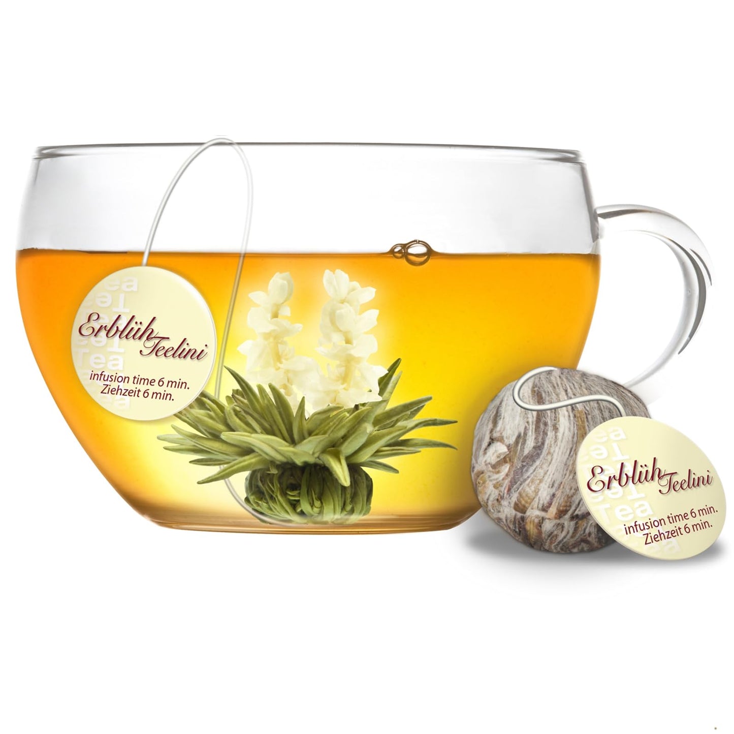 Creano Blooming Tea Gift Set - 12 Tea Flowers in Wooden Box - White & Black Tea - Black & White Cup Size