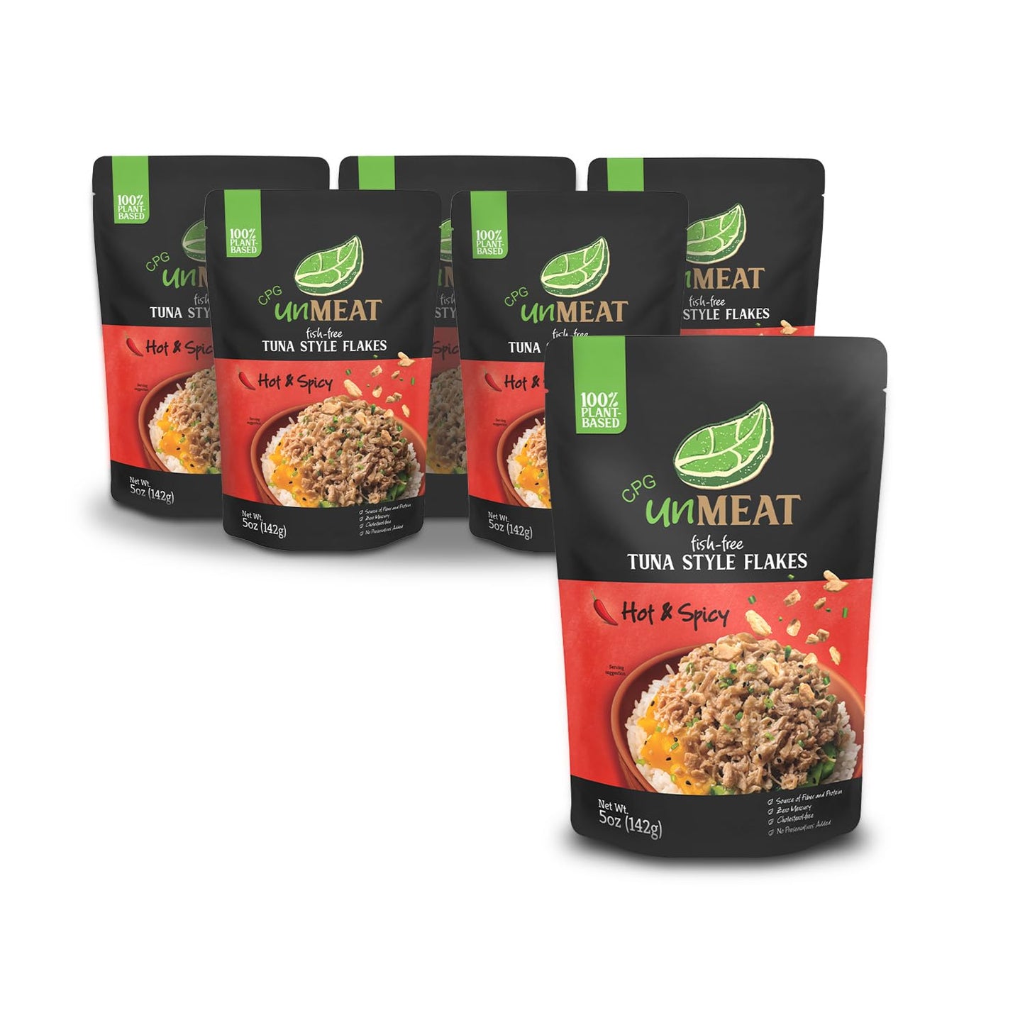 unMEAT Plant Based Tuna Style Flakes | Easy to Prepare Plant Based Tuna Pouch | Hot & Spicy, 5 Ounce Pouch (Pack of 6)