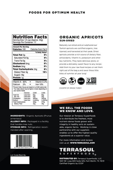 Terrasoul Superfoods Organic Apricots, 2 Lbs, Unsulphured, No-Added Sugar, Sweet and Tangy Delights for Snacking, Baking, and Vi