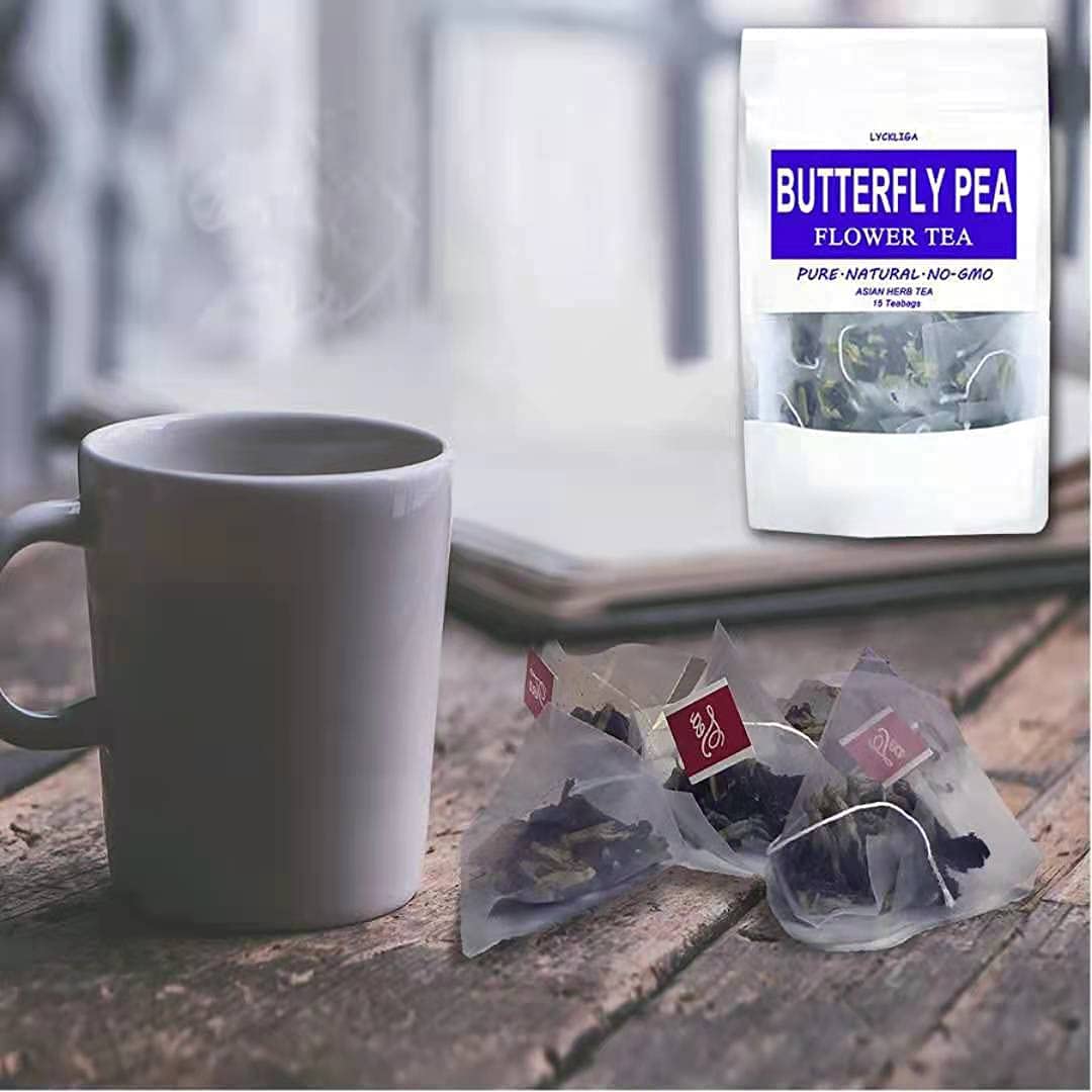 LYCKLIGA Butterfly Pea Flower Tea - 15 Pyramid Tea Bags, Antioxidant Blue Tea, Pack of 2