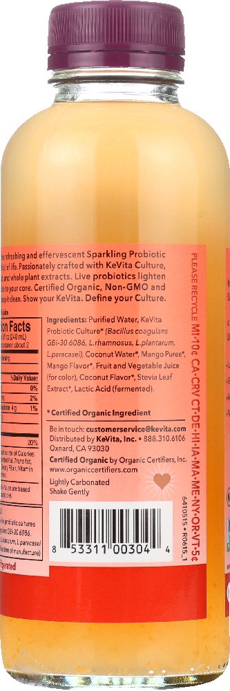 Kevita Organic Mango Coconut Probiotic Drink, 15.2 Fz