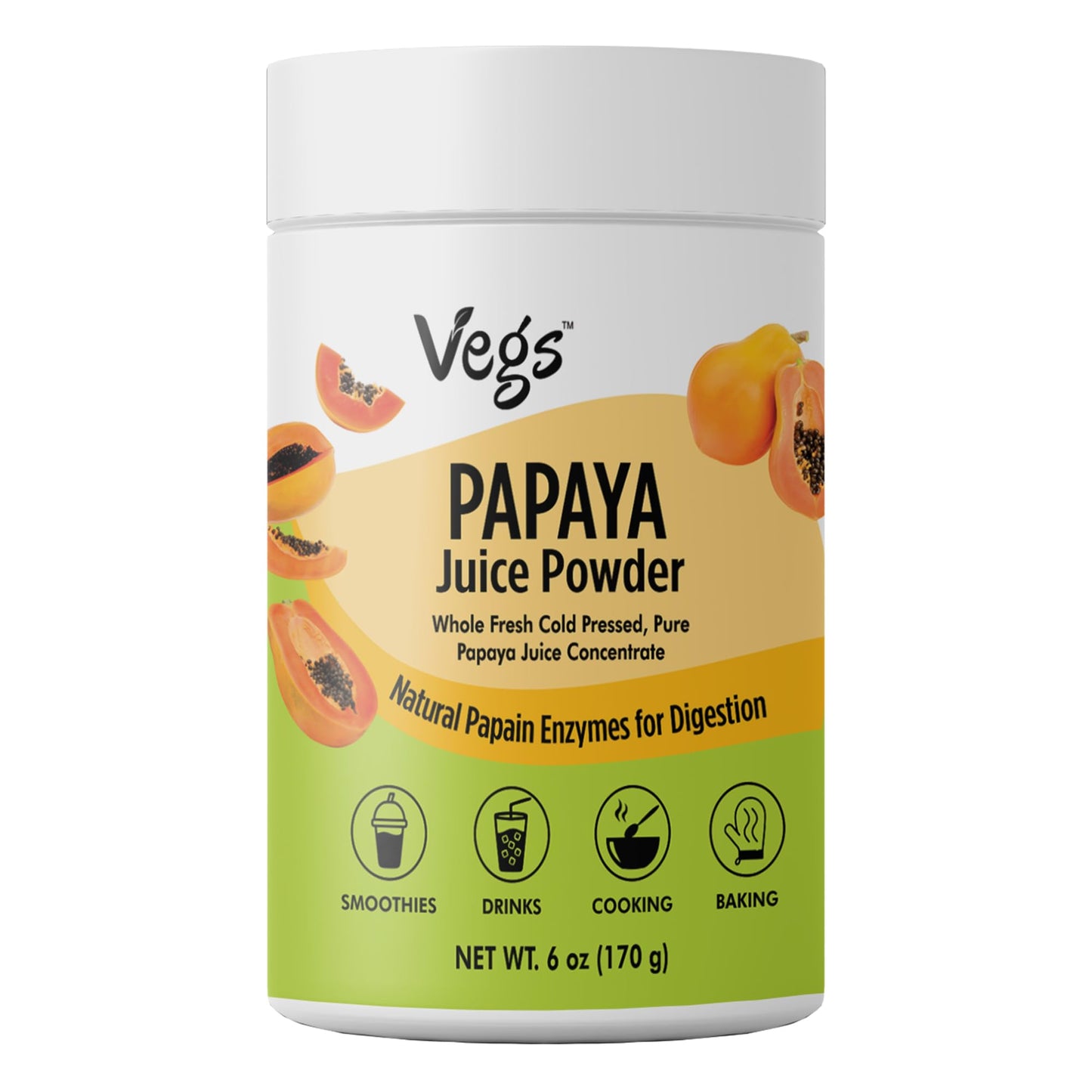Vegs Papaya Juice Powder - Freeze Dried Organic Papaya Fruit Juice With 100% Natural Pacomfort Support Digestive Enzyme For Digestion & Skin - Papaya Drink Mix Powder For Hydration Smoothies Sugar Free - 6 Oz
