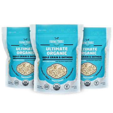 Farm to Table Foods Ultimate Organic Whole Grain Oatmeal - High-Protein, Plant-Based, Unsweetened, Non-GMO - 3-Pack (16 oz. Bags