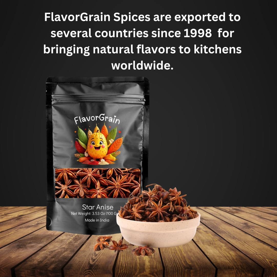 Flavorgrain Star Anise - Whole Chinese Star Anise Pods 100Gm (3.53 Oz) Great For Baking And Tea