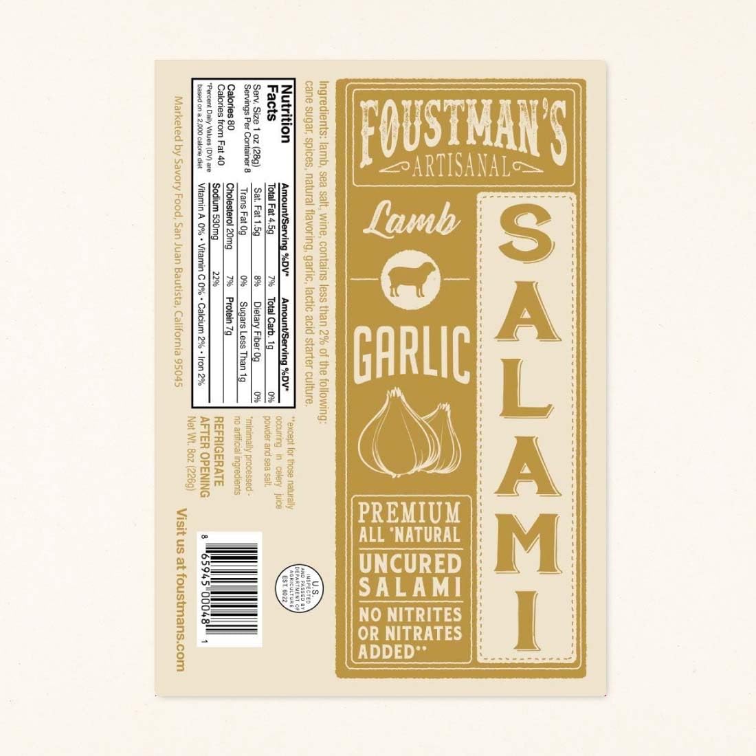 Foustman'S Salami Garlic Lamb Artisanal, Nitrate-Free, Naturally Cured, Gluten-Free, Dairy-Free, No Pork, 8 Oz Sticks