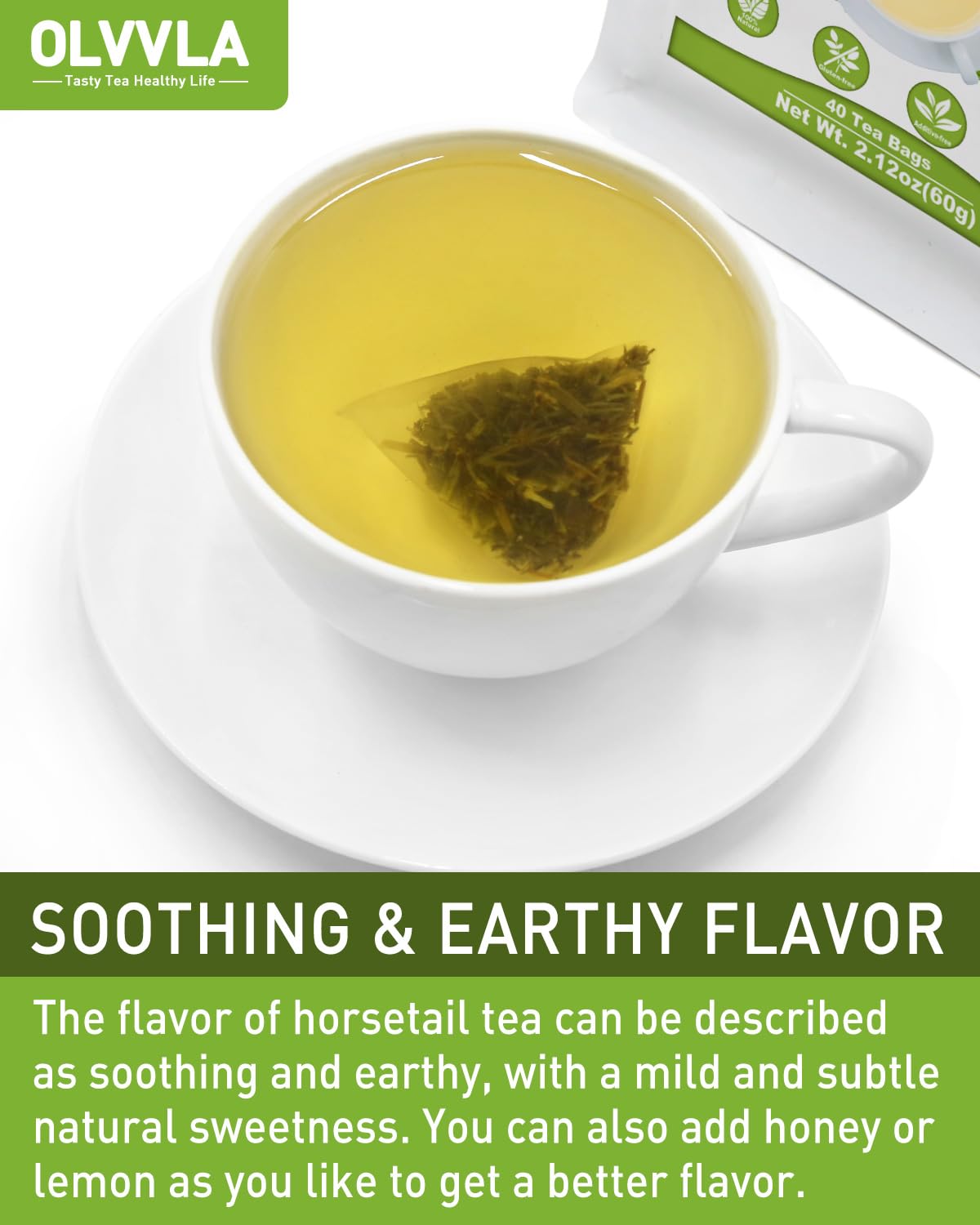 Olvvla Horsetail Tea Bags - Caffeine-Free Herbal Tea - 1.5g X 40 Count - Non-GMO, Rich in Antioxidants