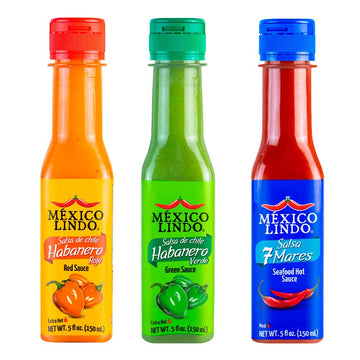 Mexico Lindo Hot Sauce Variety Pack | Includes One Red Habanero, One Green Habanero & One 7 Mares Hot Sauces | 5 Fl Oz Bottles (