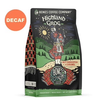 Bones Coffee Company Decaf Highland Grog Whole Coffee Beans Butterscotch Caramel Flavor, Low Acid Flavored Coffee, Made With Ara