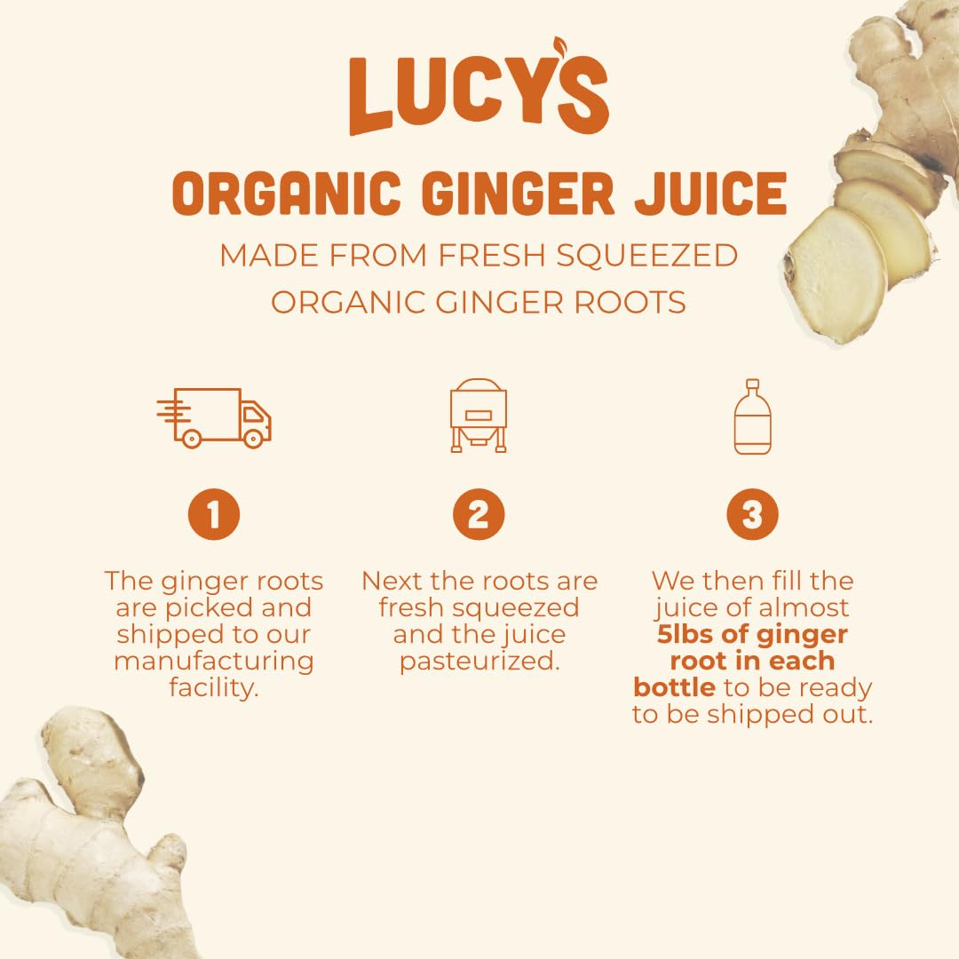 Lucy’s Organic 99% Pure Ginger Juice - 34 oz Glass Bottle, Fresh Pressed Peruvian Ginger, Natural Health Drink