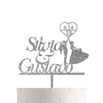 Just Customized Personalized Wedding Cake Topper, Acrylic, Silver Glitter, 1 Count, Customized Bride and Groom Name or Date