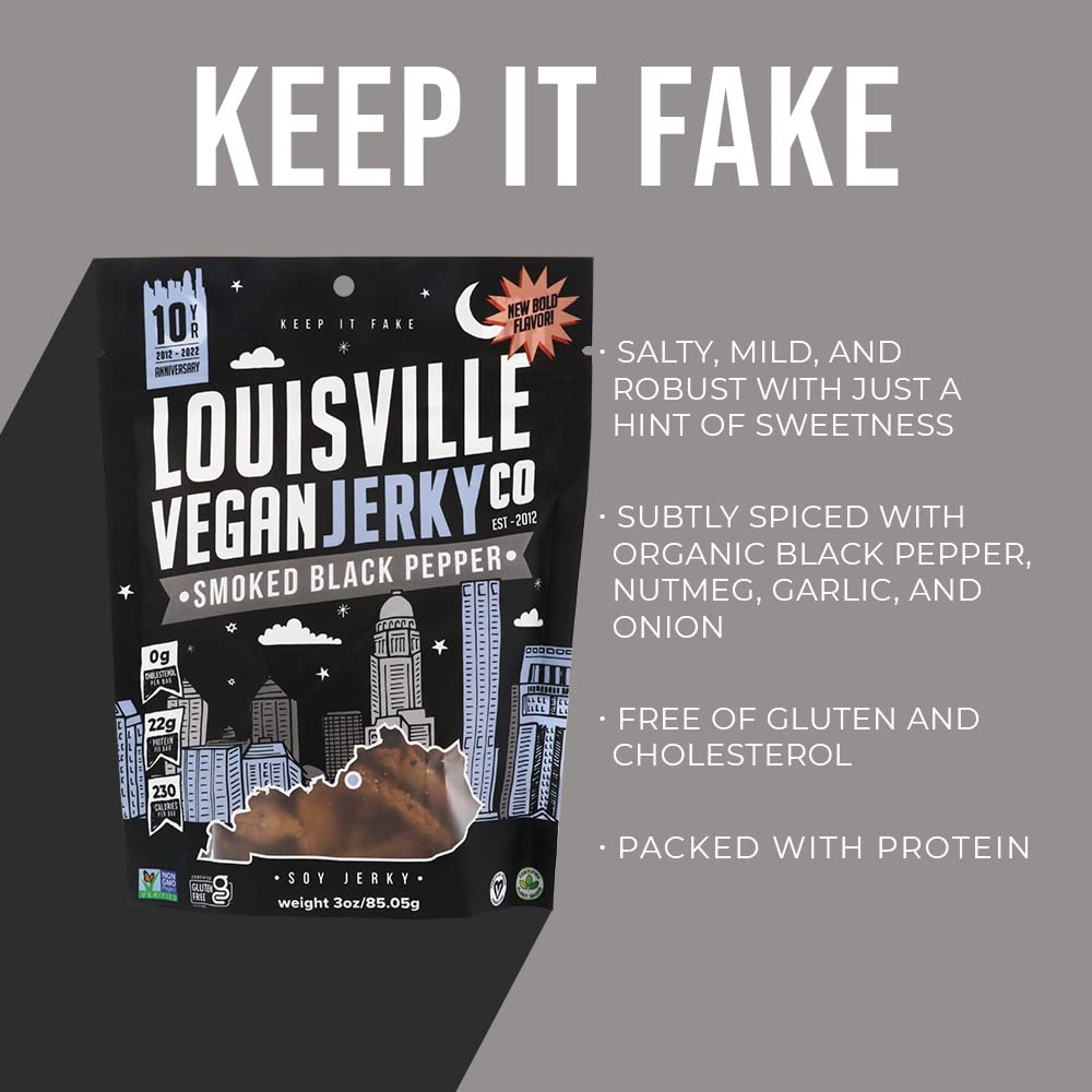 Louisville Vegan Jerky Smoked Black Pepper 5-Pack, 21g Non-GMO Soy Protein, Gluten-Free, 2.5 oz Each
