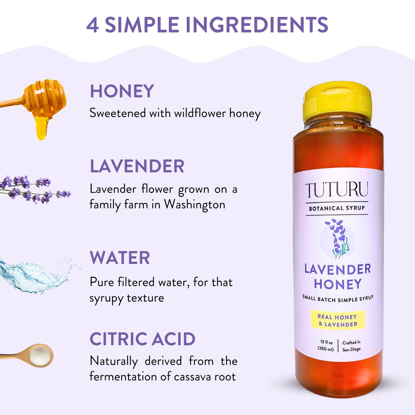 TUTURU Botanical Coffee Lavender Honey Simple Syrup - 13.5 Fl Oz - For Coffee, Cocktails, Tea, Matcha