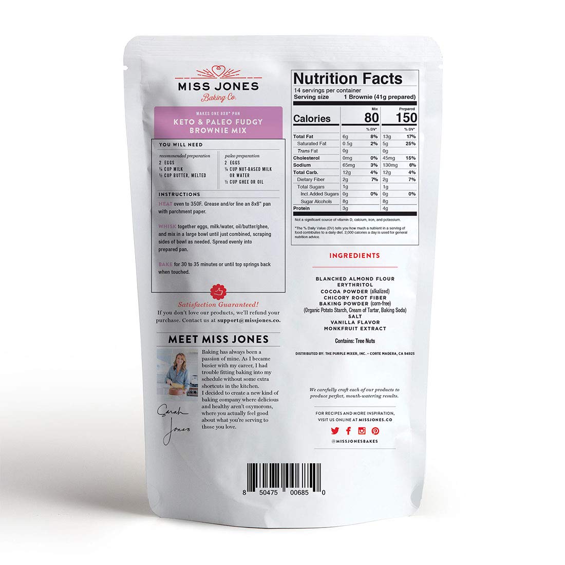 Miss Jones Baking Keto Brownie Mix - Gluten Free, Low Carb, No Sugar Added, Naturally Sweetened Desserts & Treats - Diabetic, At