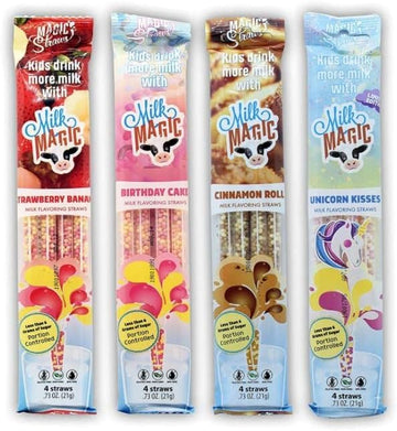Milk Magic Milk Flavoring Straws, 4-Pack Bundle (16 Milk Straws) Unicorn Kisses, Strawberry Banana, Birthday Cake, Cinnamon Roll Cereal Straws