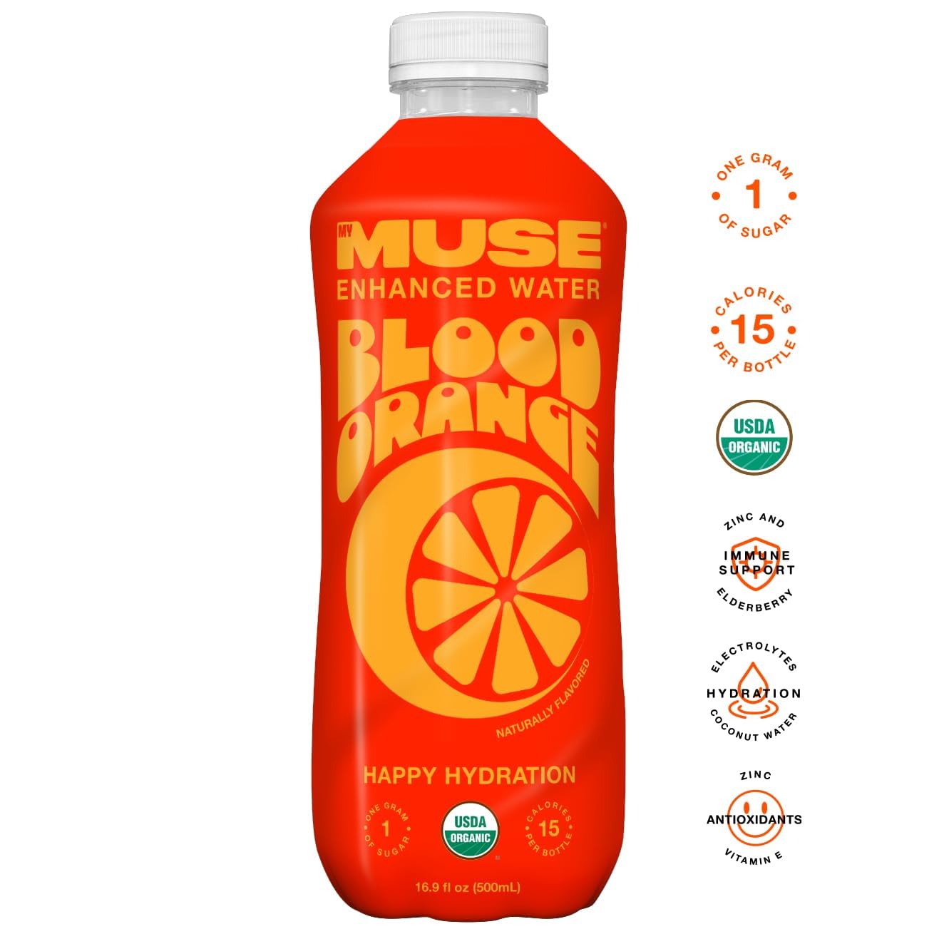 Mymuse Organic Enhanced Flavored Water, Variety Pack, 16.9 Fl Oz Bottle (12 Pack), 1G Of Sugar, Immune Support With Zinc & Elder