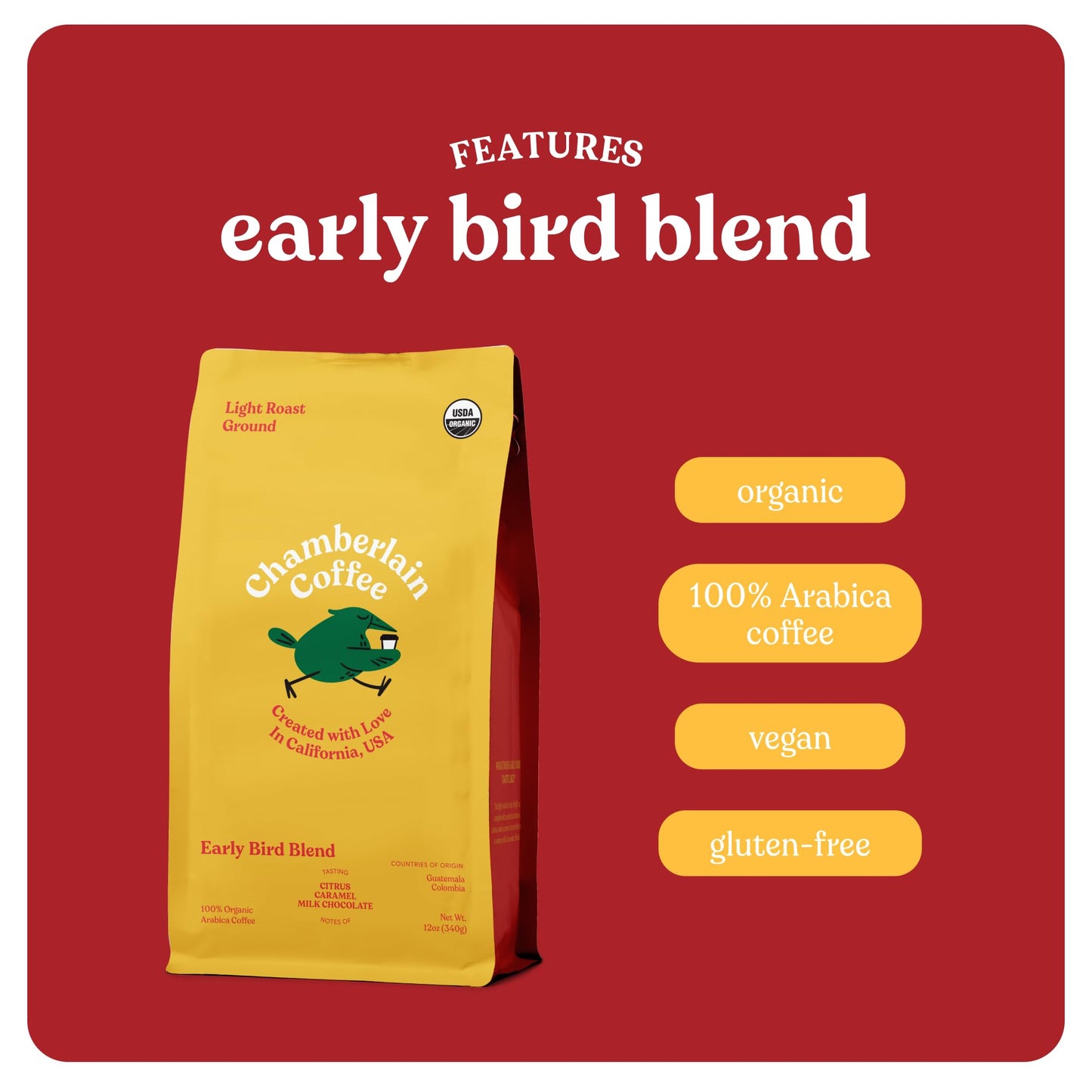 Chamberlain Coffee Early Bird Blend Light Roast Coffee Beans 12 oz Whole Bean