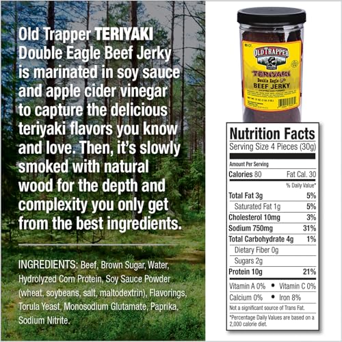 Old Trapper Beef Jerky, Teriyaki Flavor, 21oz Jar, 80 Pieces, 10g Protein, 80 Calories, Pack of 1