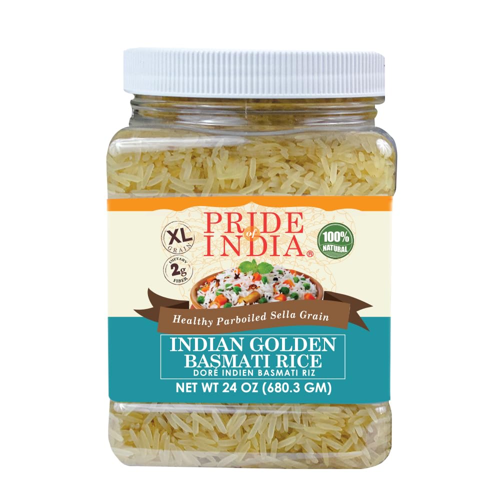 Pride Of India - Extra Long Indian Golden Basmati Rice - Healthy Parboiled Sella Grain, 1.5 Pound Jar