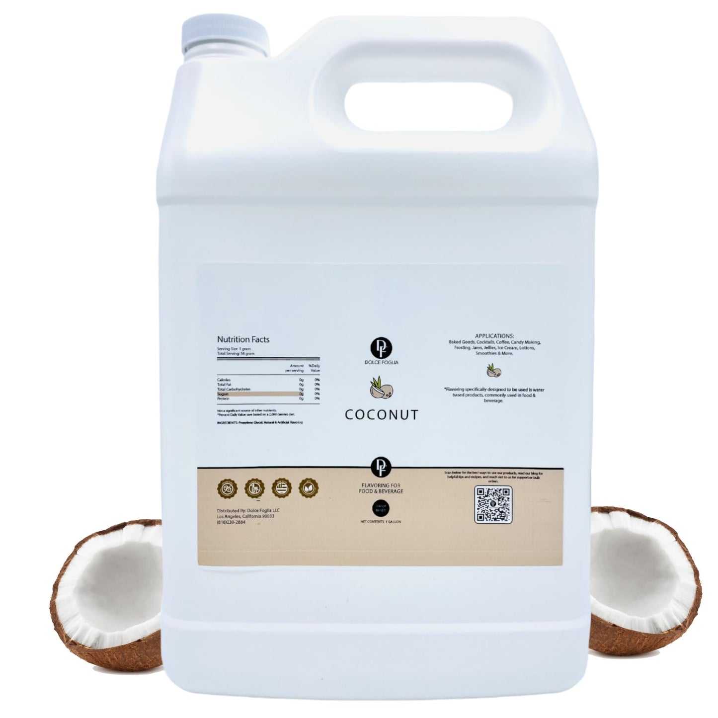 Dolce Flav Natural Coconut Extract - 1 Gallon Water-Soluble Kosher Sugar-Free Concentrated Tropical Coconut Flavoring For Baking Beverages & Desserts Includes Measured Dropper
