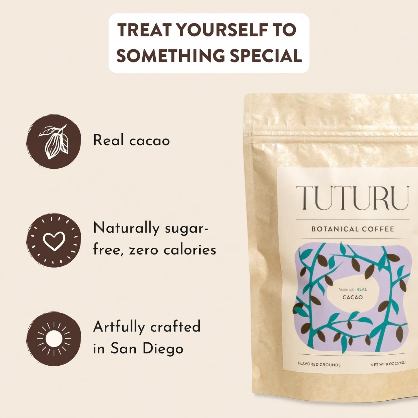 TUTURU Organic Dark Chocolate Ground Coffee - Medium Roast, Low Acid - 8 oz Pack