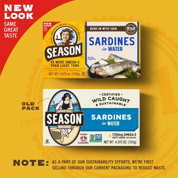 Season Sardines in Water - Wild Caught Fish, 22g of Protein, Keto Snacks, More Omega 3's Than Tuna, High in Calcium, Canned Sard