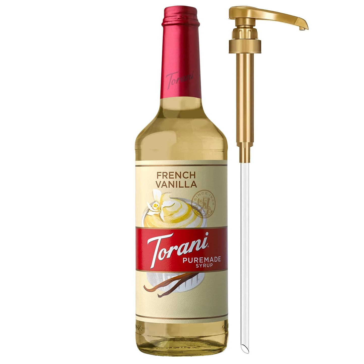 Torani Puremade Syrup French Vanilla Flavoring for Drinks Glass Bottle with Pump Included 25.4 Fl Oz
