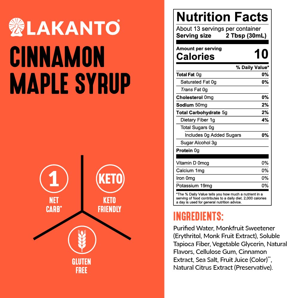 Lakanto Sugar Free Cinnamon Maple Syrup - Monk Fruit Sweetener, Keto Diet Friendly, Vegan, 1G Net Carbs, Pancakes, Waffles, Oatm