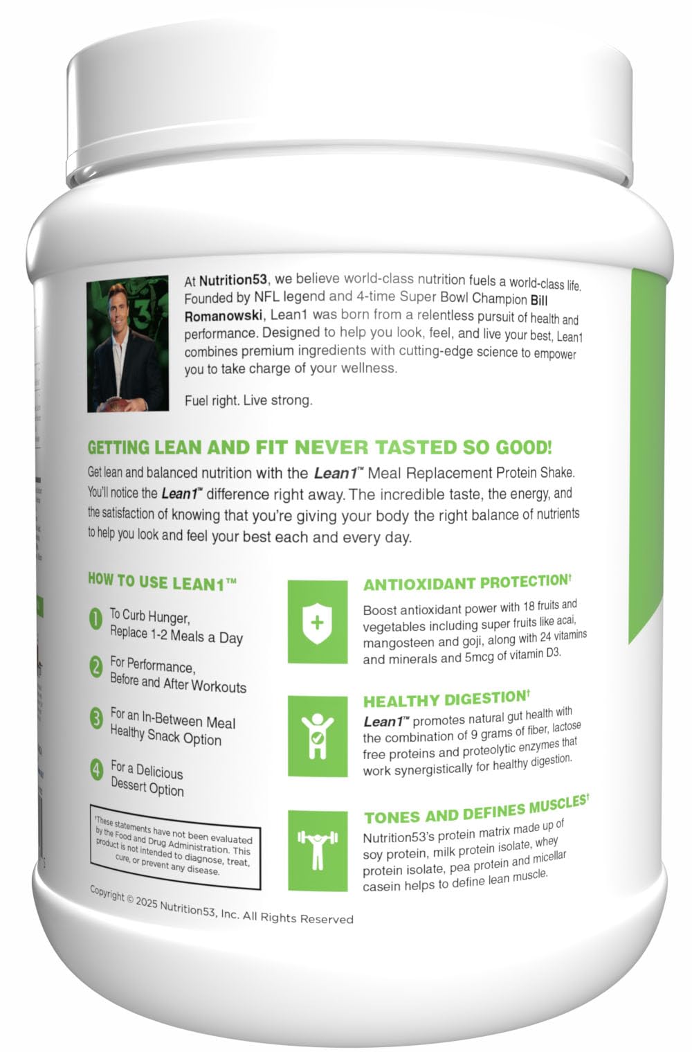 N53 Lean1 Meal Replacement Protein Powder, Cookies and Cream Flavor, 15 Serving tub, No Sugar Added