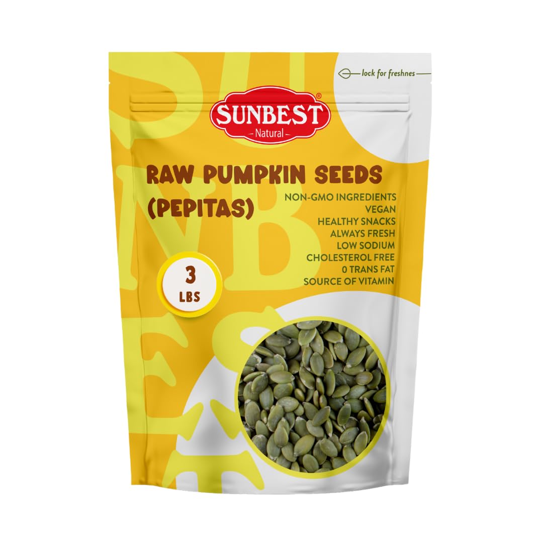 Sunbest Natural - Pumpkin Seeds Raw And Fresh, Pumpkin Seeds Unsalted, Whole Shelled Pumpkin Seeds, Kosher Seeds For Snacks, Pumpkin Seeds Bulk, Non-Gmo And Vegan Healthy Pumpkin Snacks, 3 Lbs.