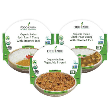 Food Earth Ready to Eat Indian Cuisine Bundle - Split Lentil Curry, Chickpeas Curry with Steamed Rice & Vegetable Biryani - Orga