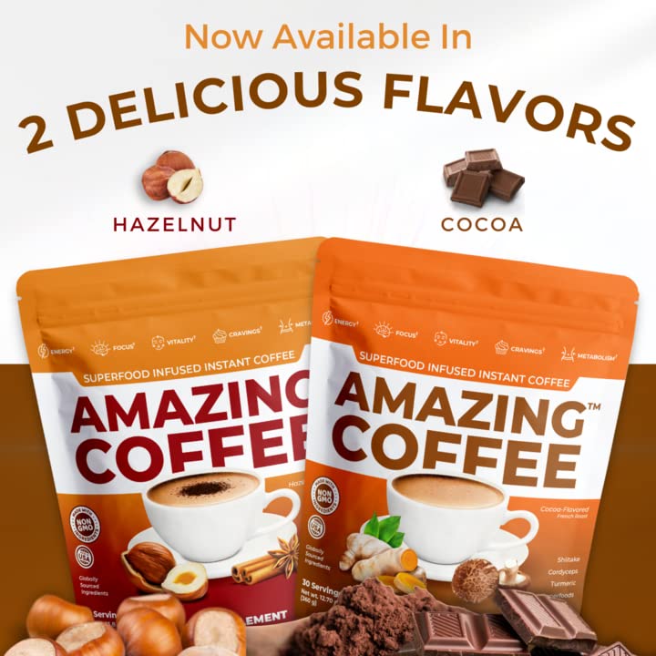 Superfoods Company Amazing Coffee - French Roast Instant Coffee with Adaptogenic Mushrooms & Superfoods, 30 Servings, Cocoa Flavor, 8.47 oz