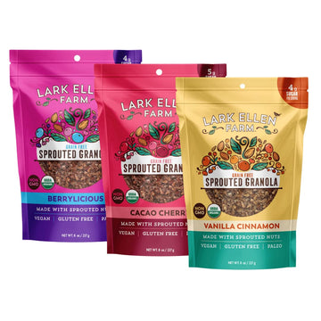 Lark Ellen Farm Vanilla Cinnamon, Cacao Cherry, Berrylicious Grain Free Granola Clusters, Raw Sprouted Certified Organic Vegan,