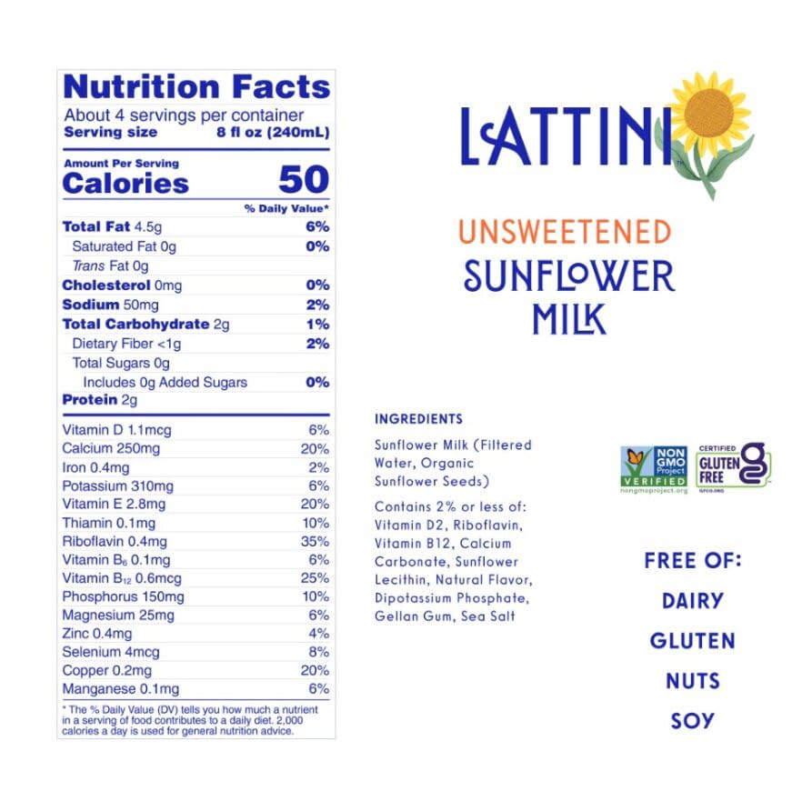 Lattini Unsweetened Non-Dairy Sunflower Milk | Plant-Based, Vegan, Sustainable, Non-Gmo - Allergen Free Milk Alternative 32 Fl O