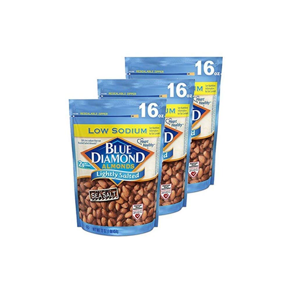 Blue Diamond, Lightly Salted Low Sodium Almonds, 16oz Bag (Pack of 3)