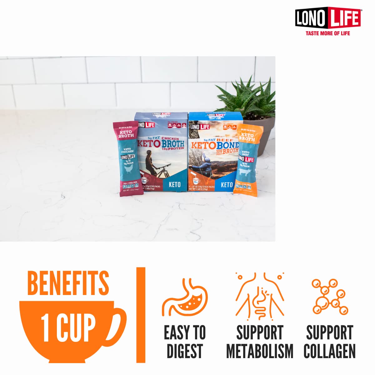 Lonolife - Keto Beef Bone Broth Sticks - 8G Collagen Protein - 4G Fat - Gluten-Free - Keto & Paleo Friendly - Portable Individua