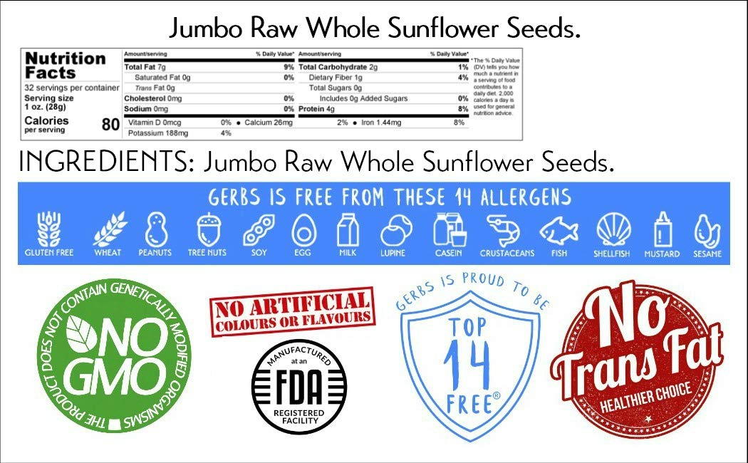 GERBS Jumbo Raw Whole Sunflower Seeds | Top 14 Allergy Free | 2 LBS Resealable Bag