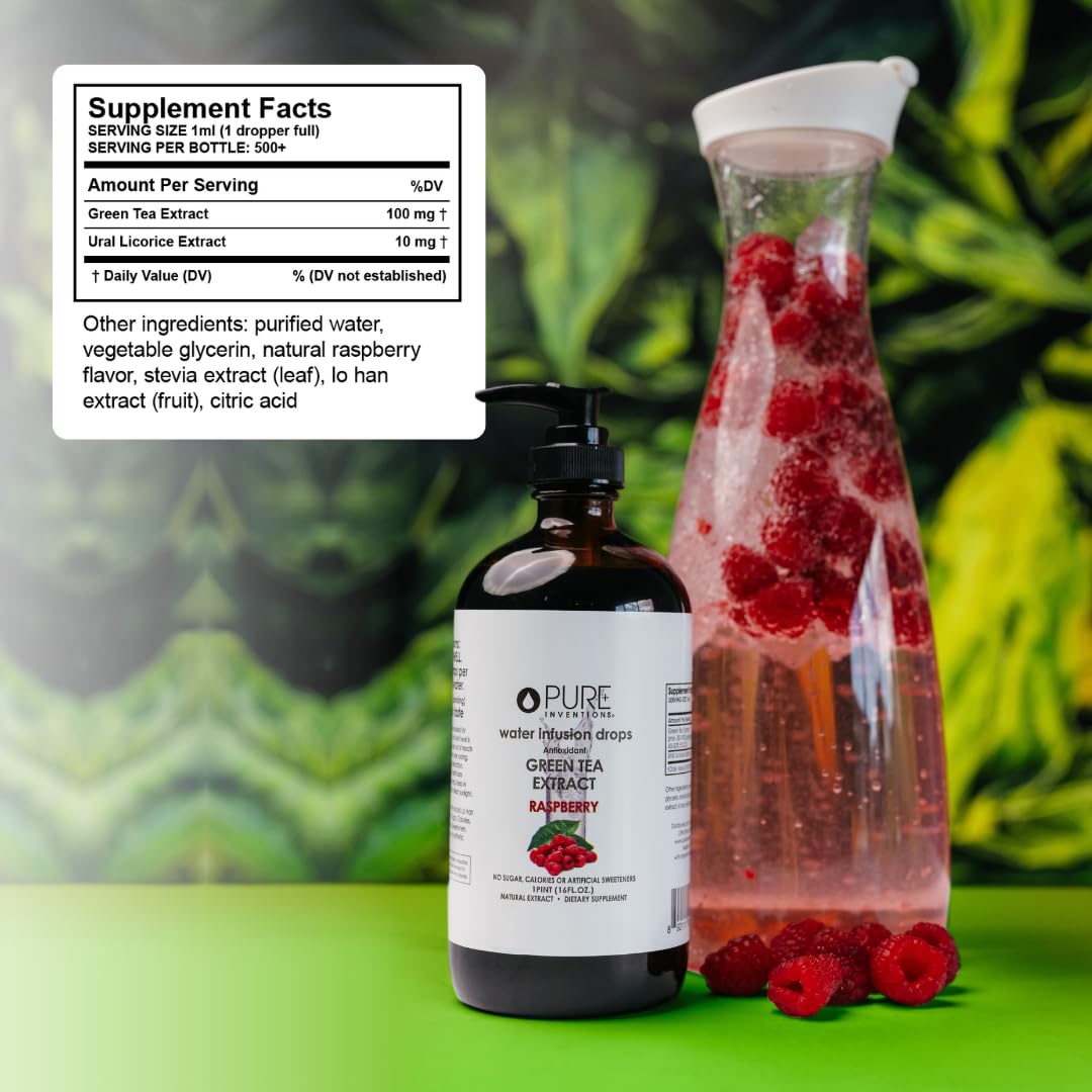 Pure Inventions Green Tea Raspberry Infusion Drops - Antioxidants & Electrolytes - 16 Fl Oz - Sugar Free, Zero Calorie