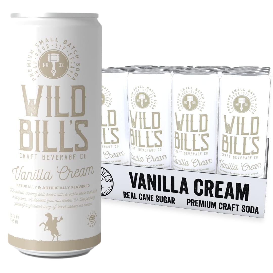 Wild Bills Vanilla Cream Soda - Classic Craft Soda, Caffeine Free, Gluten Free, Vegan, 12 Oz, 12 Pack, Cream