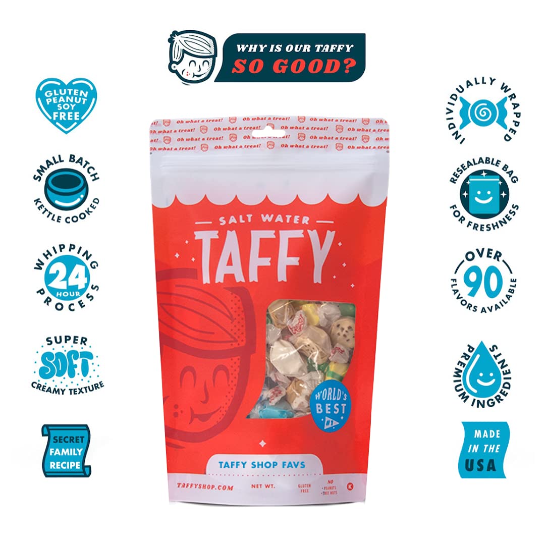 Taffy Shop "Favorites Mix" Salt Water Candy, Assorted Bulk Flavors Of Saltwater Taffy, Unique Themed Bag Of 25 Pieces Gourmet Salt Water Candy, Wedding Candy- Personal (7Oz)