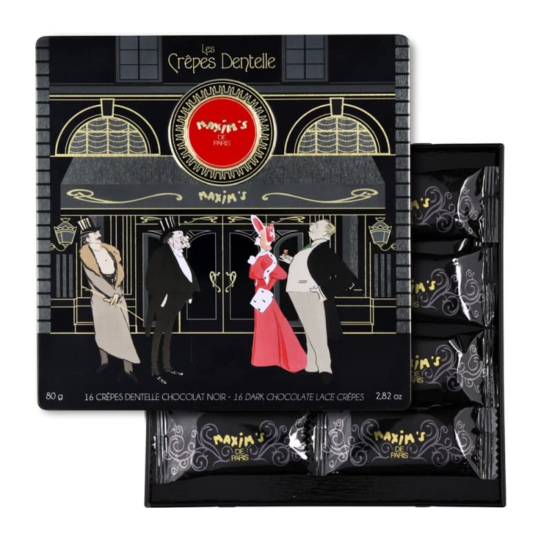 MaximS De Paris - Dark Chocolate Covered Crispy Crepe Cookies Individually Wrapped In Elegant Collectible Black Tin Box 16 Pieces