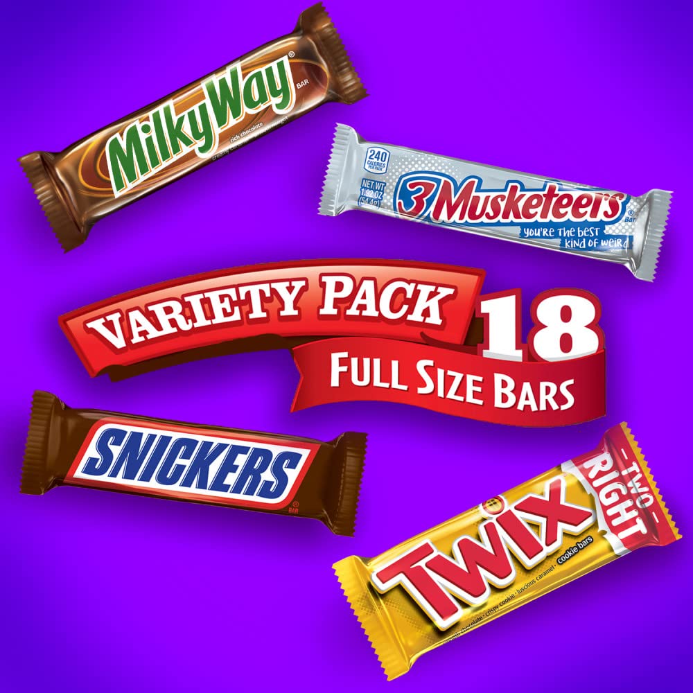 Mars Snickers, Twix, Milky Way & 3 Musketeers Individually Wrapped Variety Pack Full Size Milk Chocolate Candy Bars Bulk Assortment, 33.31 Oz, 18 Bars